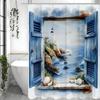 Tenda da Doccia Blu Acquerello Finestra Oceano Montagna Faro Conchiglia, Tenda da Doccia Decorativa per Bagno, Tenda da Doccia Impermeabile