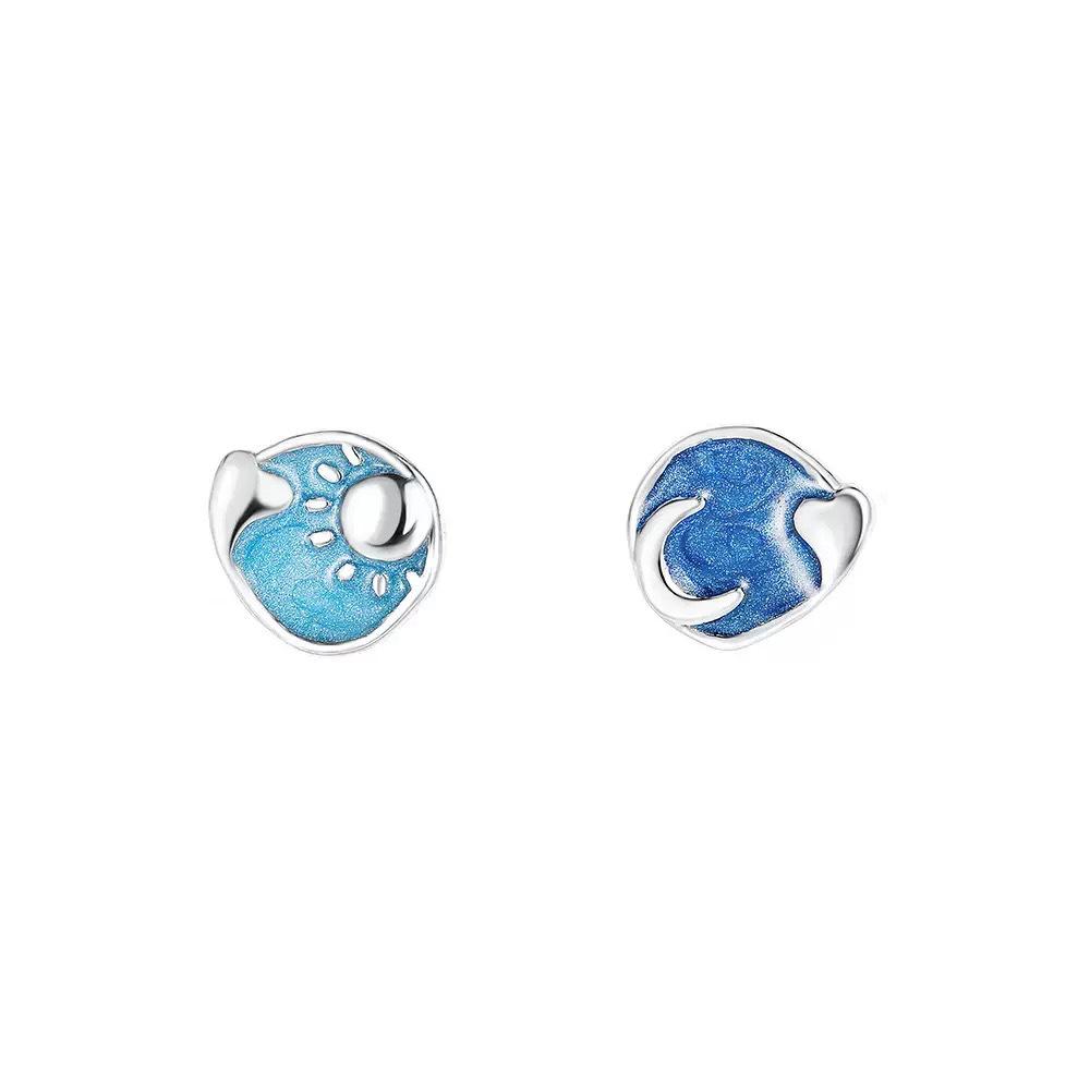 S999 Sterling Silver Asymmetrical Sun Moon Star Stud Earrings with Enamel Design for Women