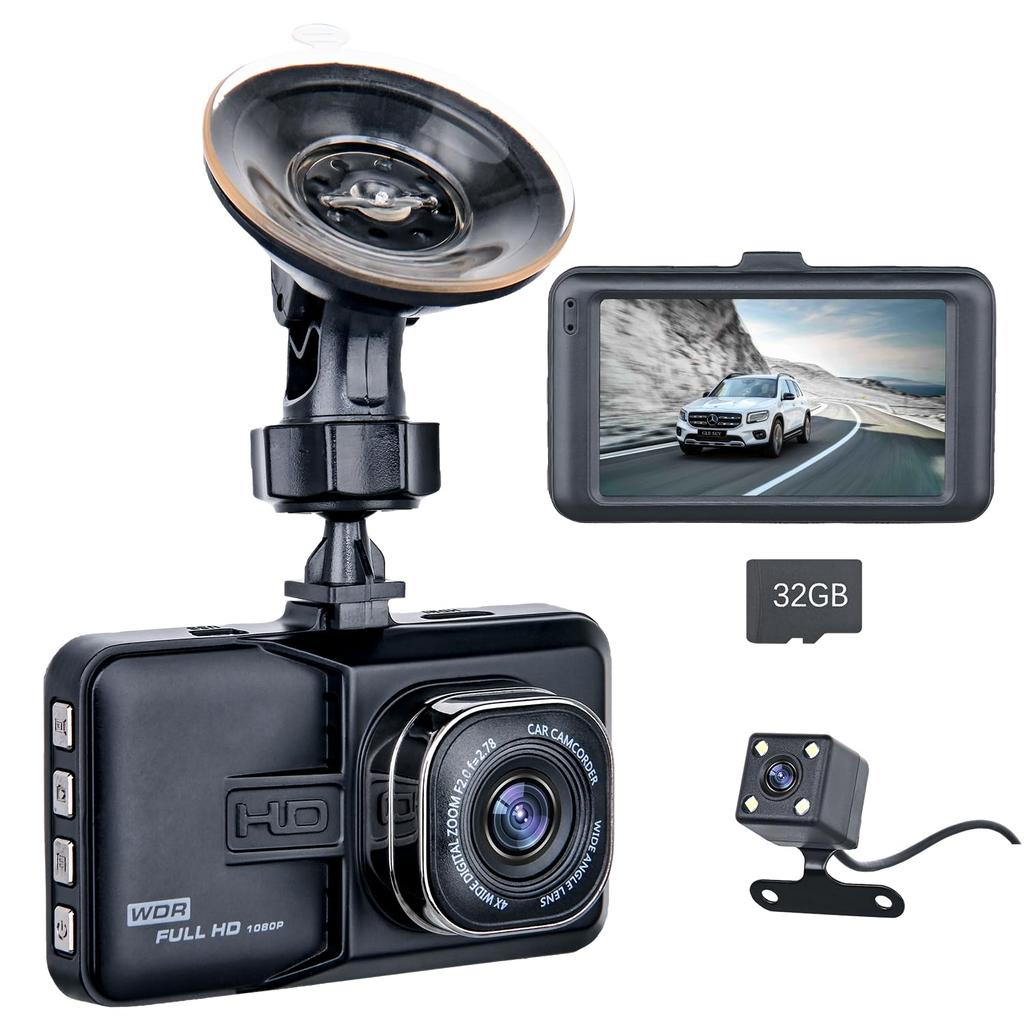 Dash Cam with Front and Rear IPS LCD 32GB Card 1080P Full WDR Parking Overwrite Continuous LED Traffic Light Automatic Japanese Instruction Manual