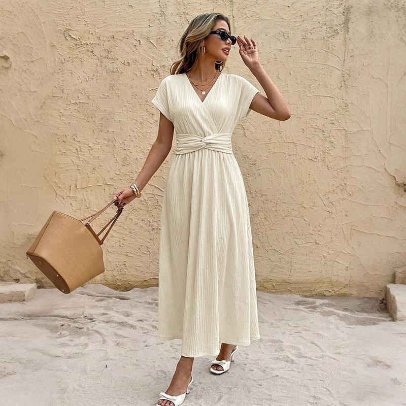 Women s Ivory Wrap Midi Dress V-Neck A-Line Summer Dress with Self-Tie Belt S