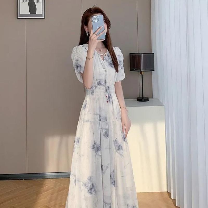 Damska Letnia Sukienka Maxi z Kwiatowym Wzorem, Okrągłym Dekoltem, Bufiastymi Rękawami, Wysokim Stanem, Elegancka, Codzienna