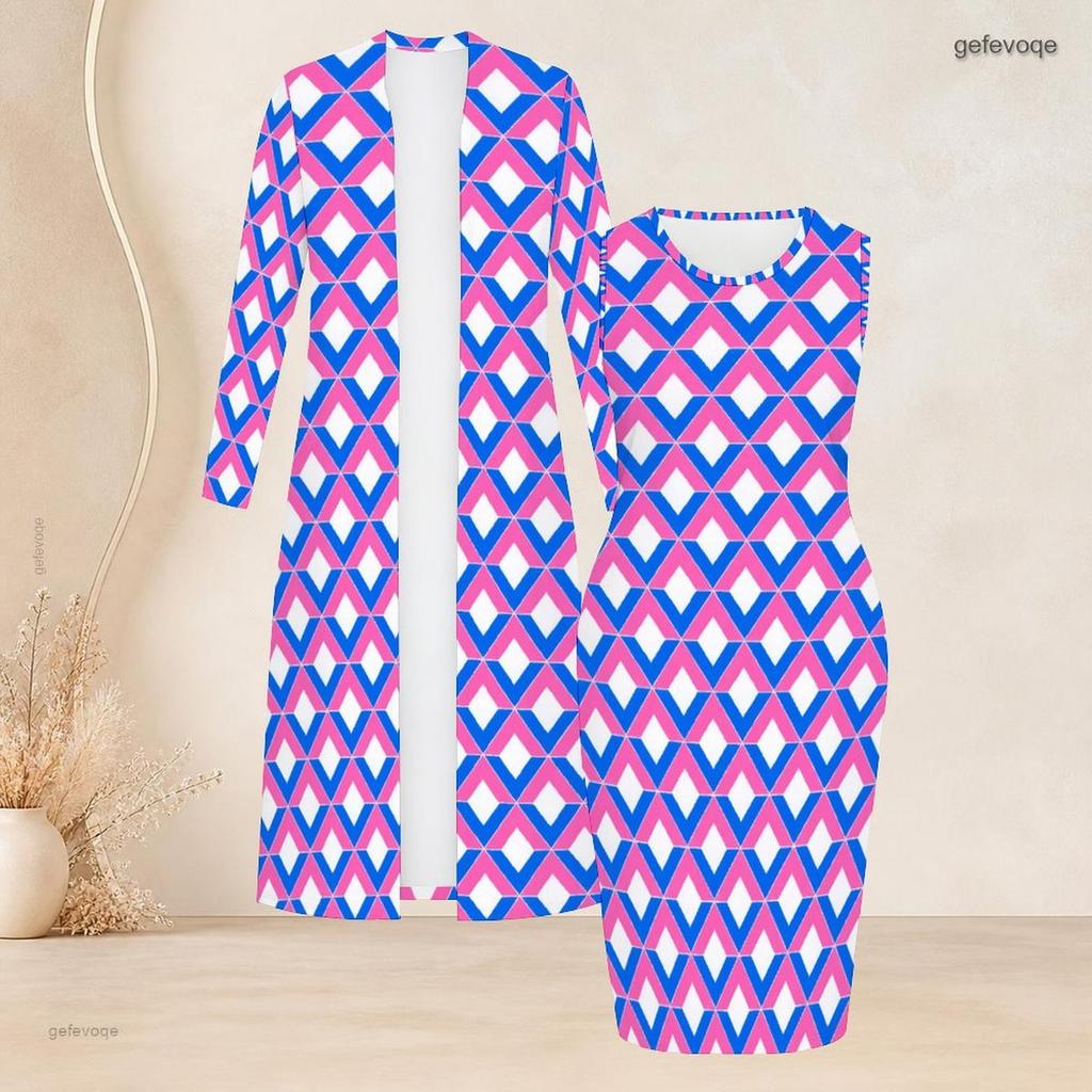 Women Plus Size Two Piece Set Long Sleeve Open Front Cardigan Round Neck Sleeveless Bodycon Dress Geometric Printed Pink Black White