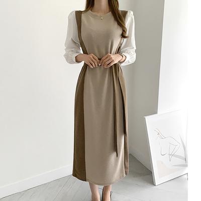 Vintage Spring Autumn Women Long Dress O-Neck Full Sleeve Lace-Up Patchwork Female Sweater Dress Slim Knitted Vestidos 2021