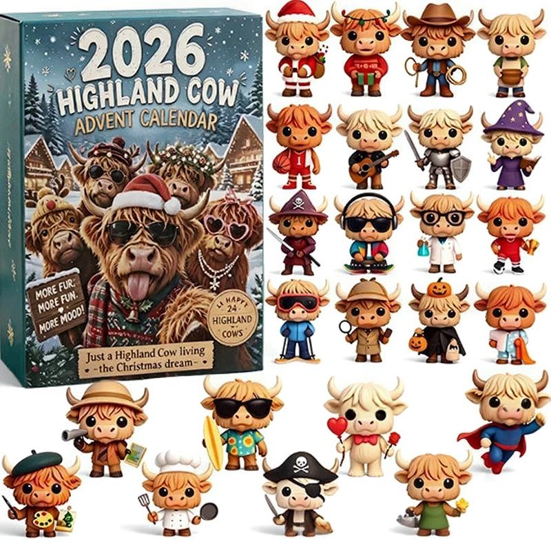 2026 3D Highland Cow Advent Calendar Highland Cow Gifts 24 Days Christmas Countdown Calendar Mini Scottish Cow Toy For Cow Lover