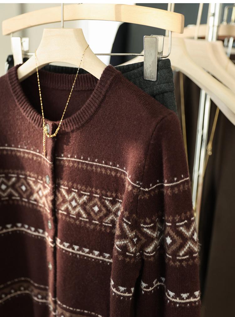 Women's Retro Fair Isle Wool Jacquard Round Neck Loose Cardigan Sweater, Autumn Collection
