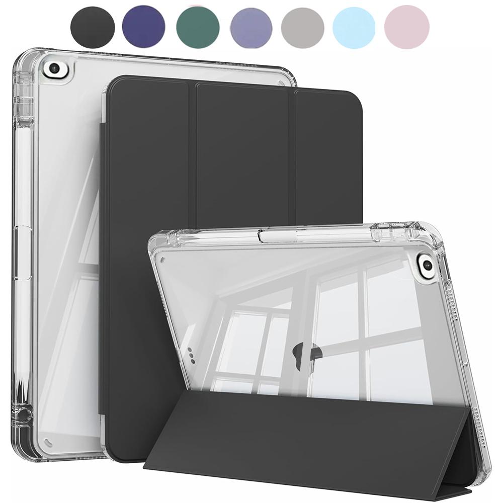 Case for iPad 5th 6th Gen Air 1 2 Case with Pencil Holder, Hard Clear Transparent Back and Soft TPU Shockproof Frame Cover