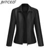 BITCED Fashion Women's Leather Jacket, Short Leather Jacket, Knitted Patchwork Stretch Coat