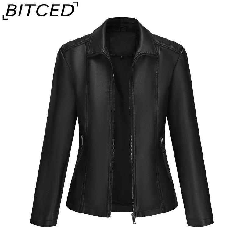 BITCED Fashion Women's Leather Jacket, Short Leather Jacket, Knitted Patchwork Stretch Coat