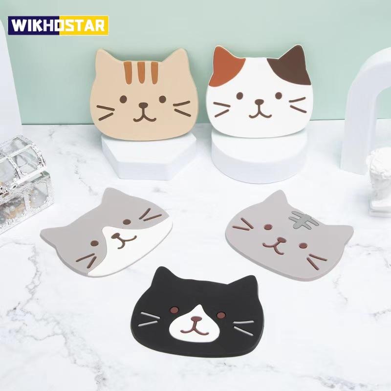 5 adet Kedi Silikon Bardak Altlığı Matı, Su Geçirmez & Isıya Dayanıklı Masa Servis Altlıkları
