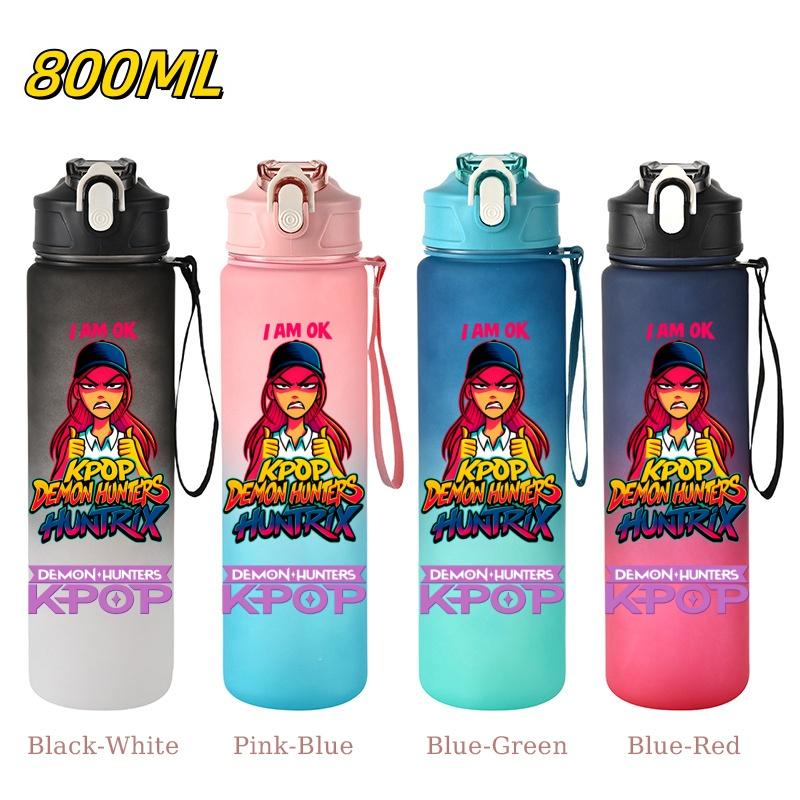 800ML KPop Demon Hunters Gradient Cartoon Print Large Capacity Straw Water Cup Outdoor Portable Sports Drink Bottles Travel Mug