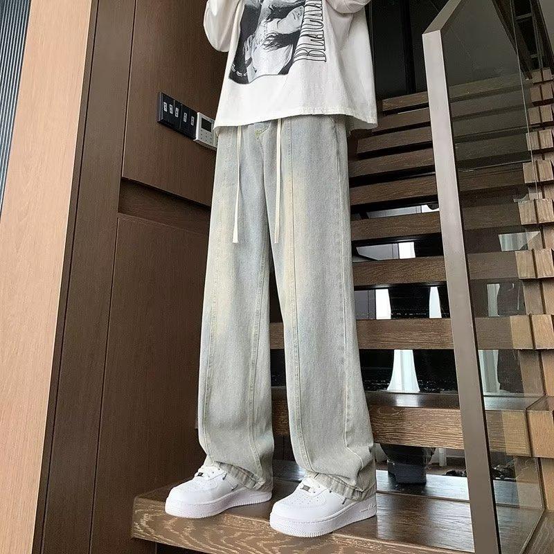 Drawstring straight jeans men's Korean version loose drape versatile trend ins student Harajuku wide-leg trousers