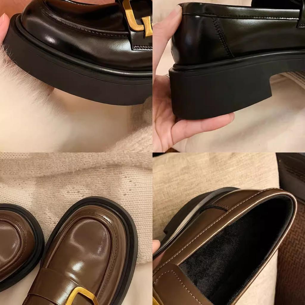 Cowhide version of extravagant gold buckle square round head leather lazy thick heel female autumn