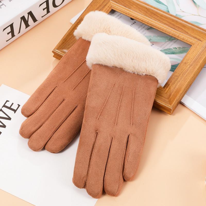 Autumn and winter suede gloves women's warm touch screen gloves imitation Rex rabbit hair mouth piled thickened cold-proof gloves