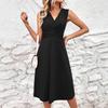 Solid color V-neck waist cross-pleated sleeveless medium dress, women's long dress