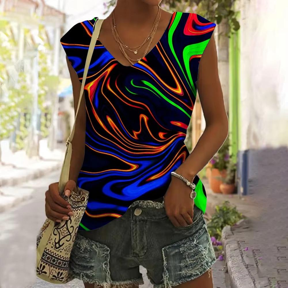 New Women T-shirt Flower Style 3d Tank Tops Stripe Camisole Women Fashion V-Neck Short Sleeve T shirt Lady Top Tees Female Vest
