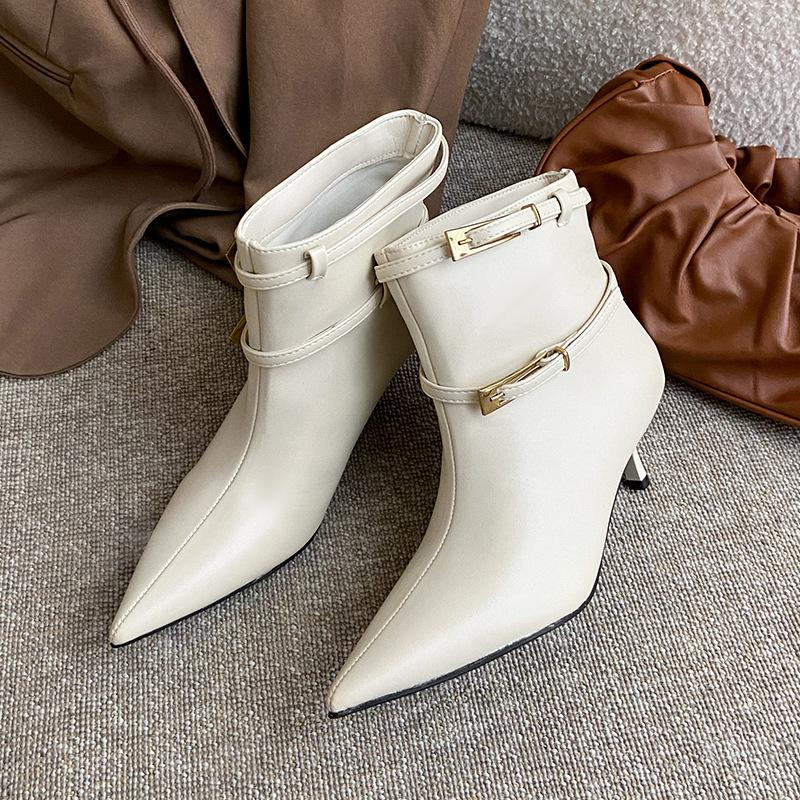 Fashion temperament pointed black women's short boots women's new autumn and winter thin heel leather boots versatile high heels