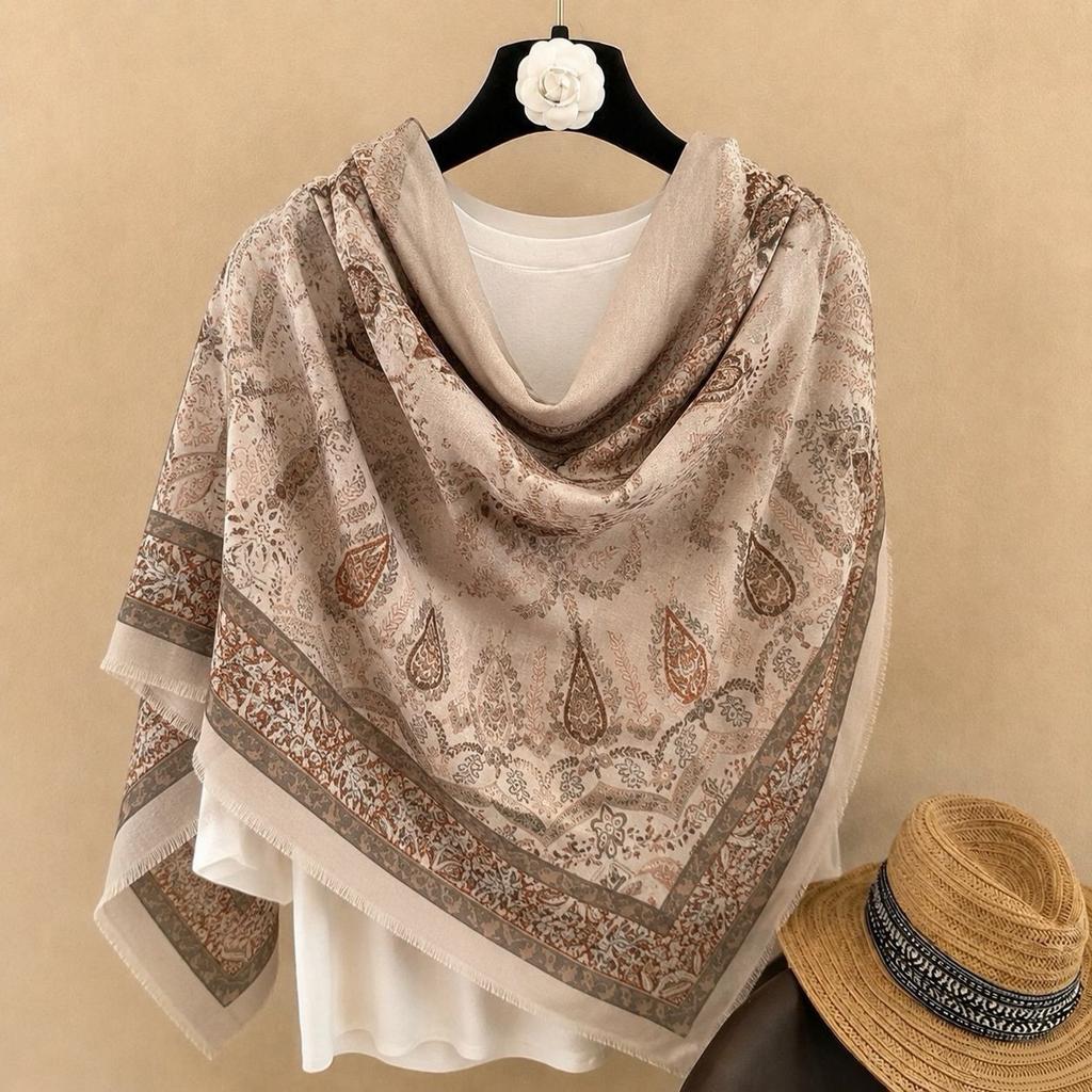 oversized beige flower travel sunscreen sunshade cotton and linen scarf women's silk scarf 111cm large square scarf shawl dual-purpose