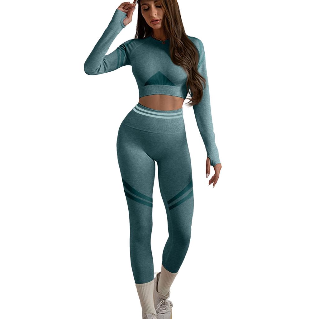 Women’s Seamless High Waist Leggings and Long Sleeve Crop Top Set Stretchy Workout Yoga Athletic Outfit