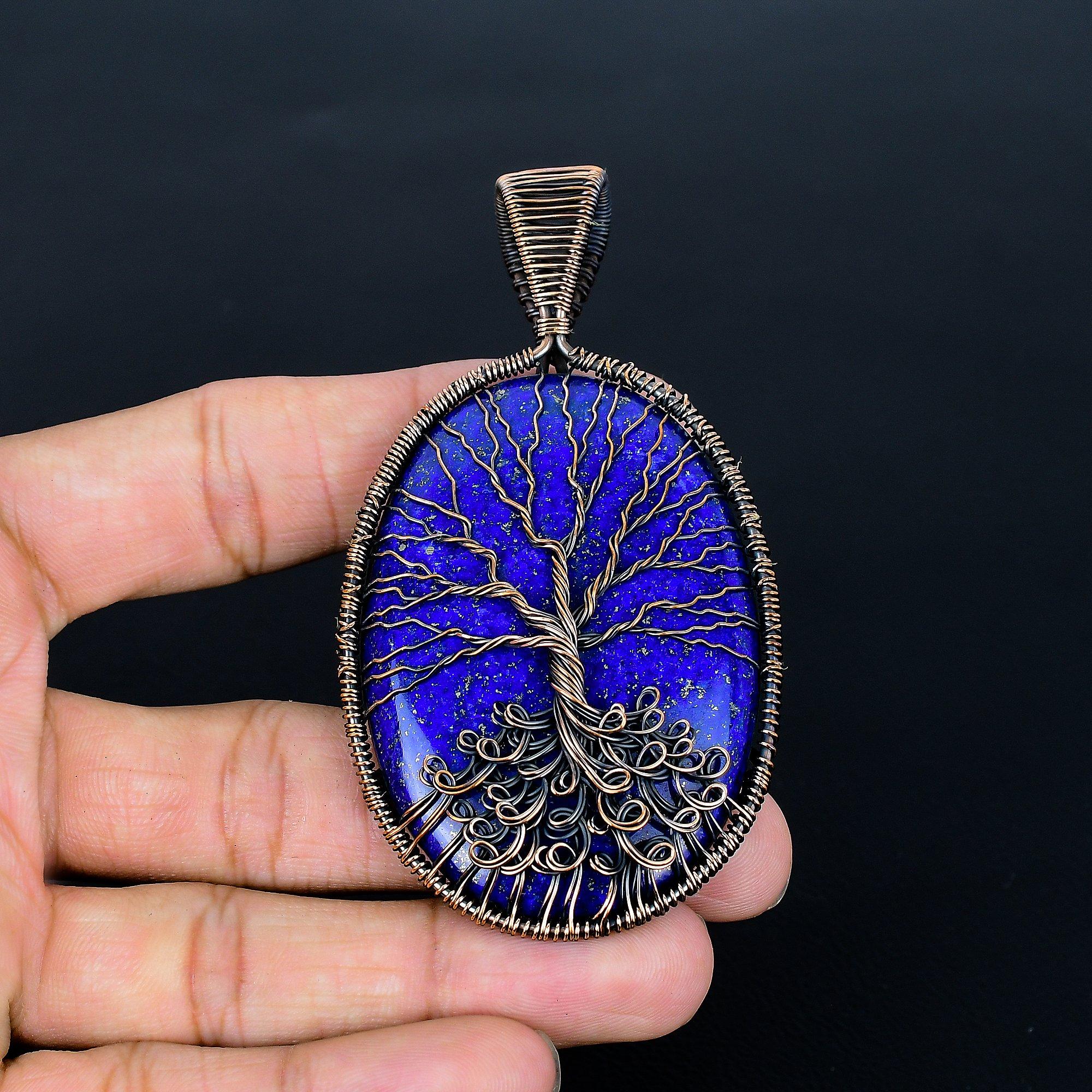 

Подвеска из лазурита, ювелирное изделие из драгоценного камня ручной работы, подвеска «Древо жизни» с оплеткой из медной проволоки 999 пробы, уникальная дизайнерская ювелирная подвеска 3.34 Inches синий
