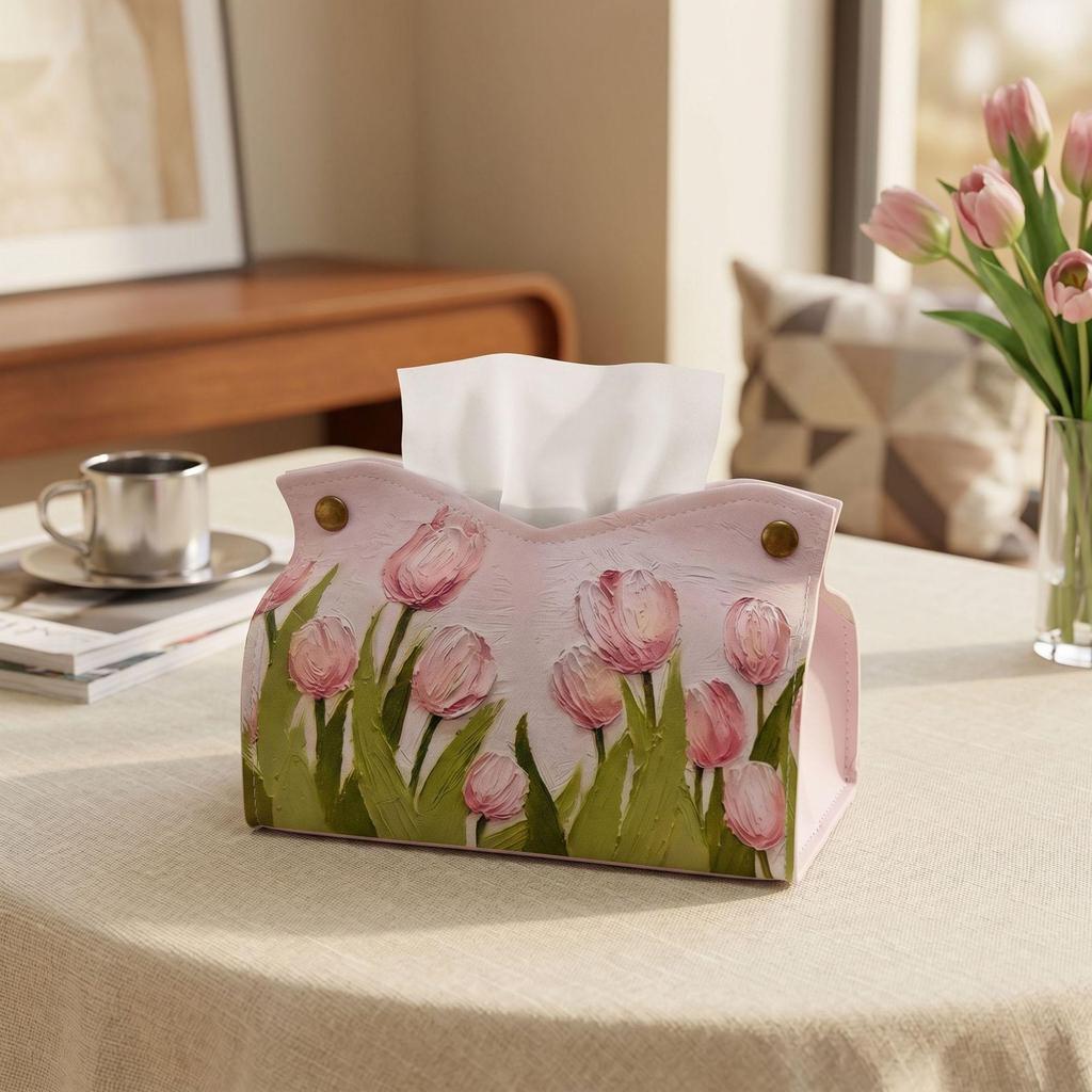 Pink Tulip Oil Painting Tissue Box for Living Room, Desktop, or Car Storage