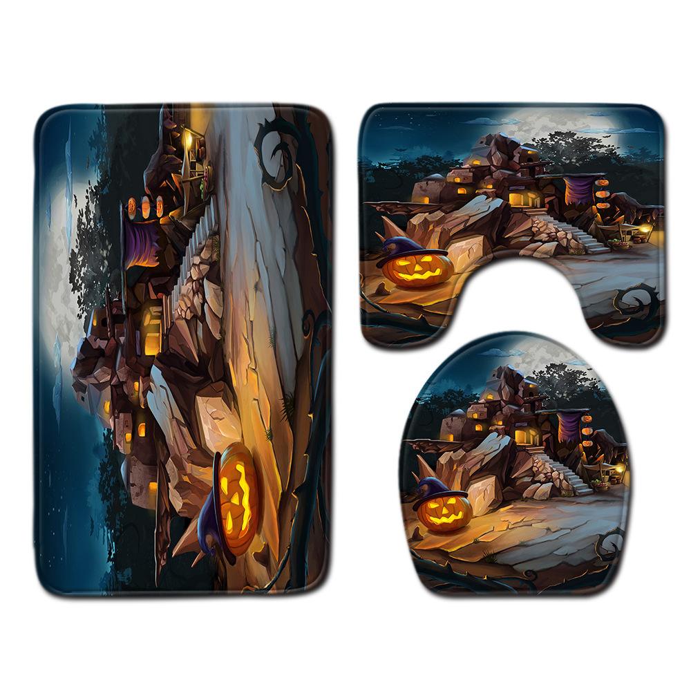 Halloween Shower Curtain Floor Mat Combination Four-Piece Set Bathroom Toilet Carpet Door Mat