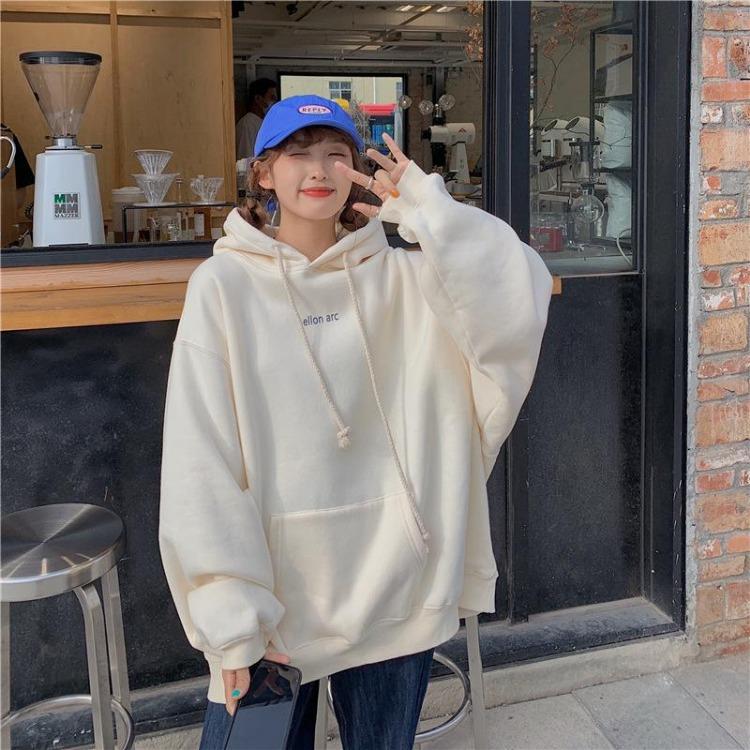Autumn Winter Velvet Hooded Oversized Hoodie Women Loose Top Letter Print for Student Ladies