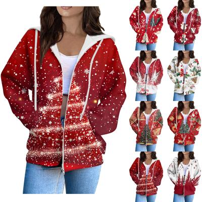 Women's Fashion Casual Long Sleeve Christmas Print Cardigan Coat With Pocket Zipper