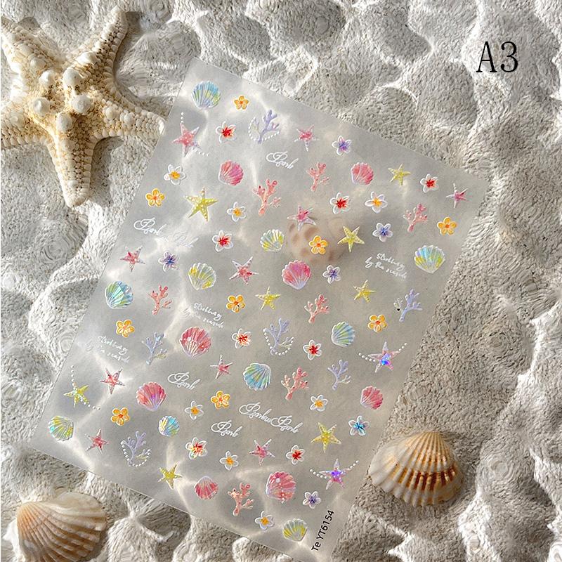 Summer Beach Jellyfish Nail Stickers Colorful Shell Starfish Conch Fish Adhesive Embossed Decals Manicure Foils for Decor