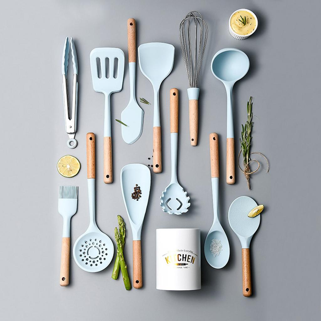 Blue Silicone Cooking Utensils Set Non-Stick Spatula Soup Spoon Eggbeater Food Clip Natural Wood Handle with Storage Box Kitchen Tools
