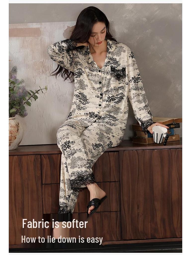 Autumn/Winter Modal Cotton Women's Long Sleeve Pajamas Set with Hyaluronic Acid - High-End Spring Style for Indoors and Outdoors