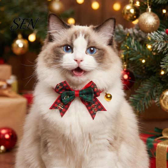 Christmas Pet Accessories Bow Collar, Adjustable Cat Collar with And Bell, Safety Buckle Plaid Print for Cats, Small Dogs, Holiday Wear Bell