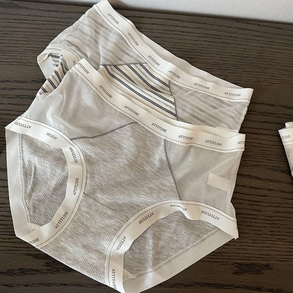 

3Pcs Mid Waist Mesh Seamless Panties Ultra-thin Underwear for Women Stripe Letter Briefs Gifts L-3Pcs Random