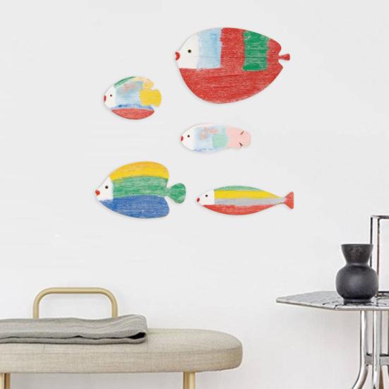 5 Pcs Wooden Fish Nautical Beach Wall Decor Coastal Wood Hanging Fish Wall Art Rustic Ocean Lake House Wall Sculpture for Bathroom Home Decor