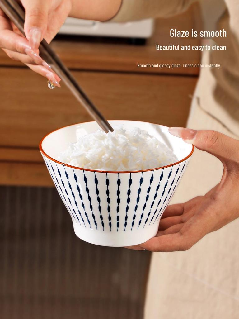 Set of 8 Japanese-Style 5-Inch Ceramic Rice Bowls for 2025, High-Footed Conical Hat Design for Home Use.