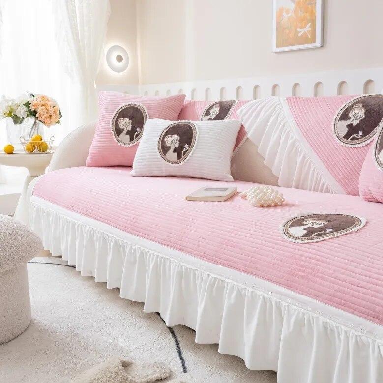

French Plush Sofa Cushion Ruffled Modern Cartoon Patch Thickened Non-Slip Cover Winter Cloth Soft Comfortable 70x70cm