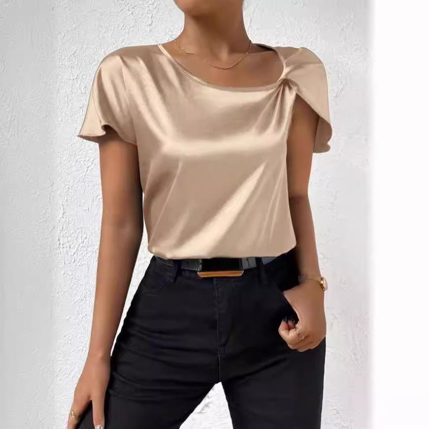 European and American summer satin short sleeves, satin kinks, solid color loose and versatile top women
