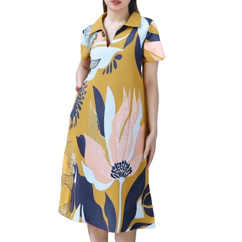 

ZANZEA Женское повседневное платье-рубашка с отложным воротником, свободное летнее платье с коротким рукавом и принтом жёлтый