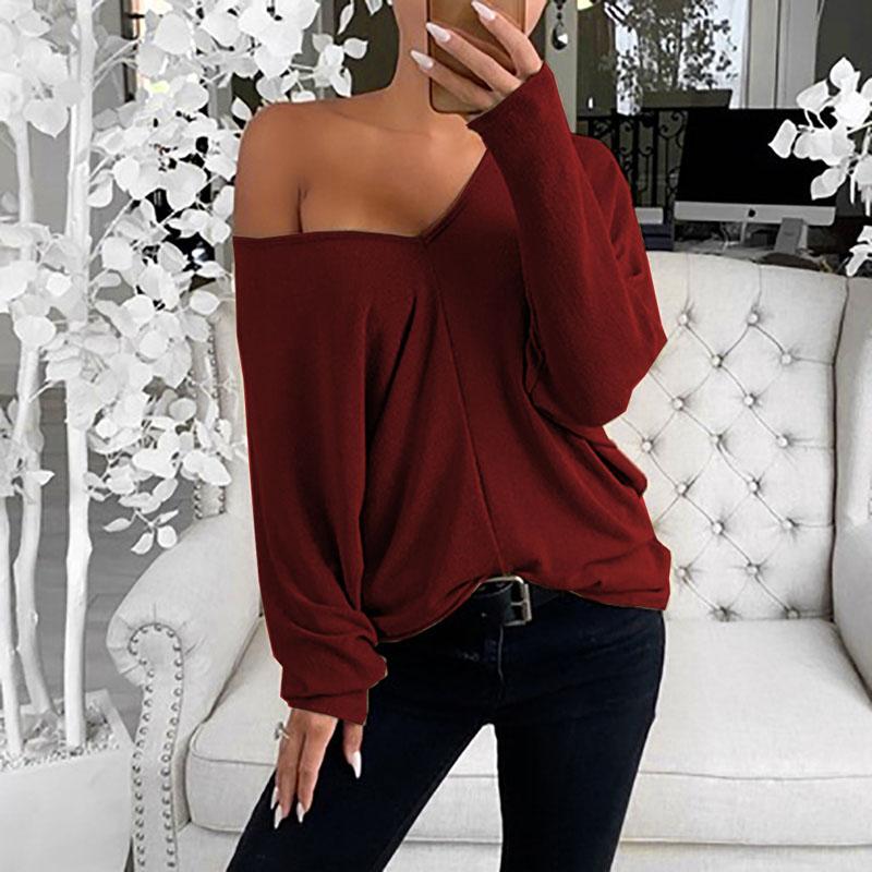 Frauen Herbst Winter Einfache V Hals Saggy Schulter Ärmel T-shirt Bluse Casual Solide Pullover