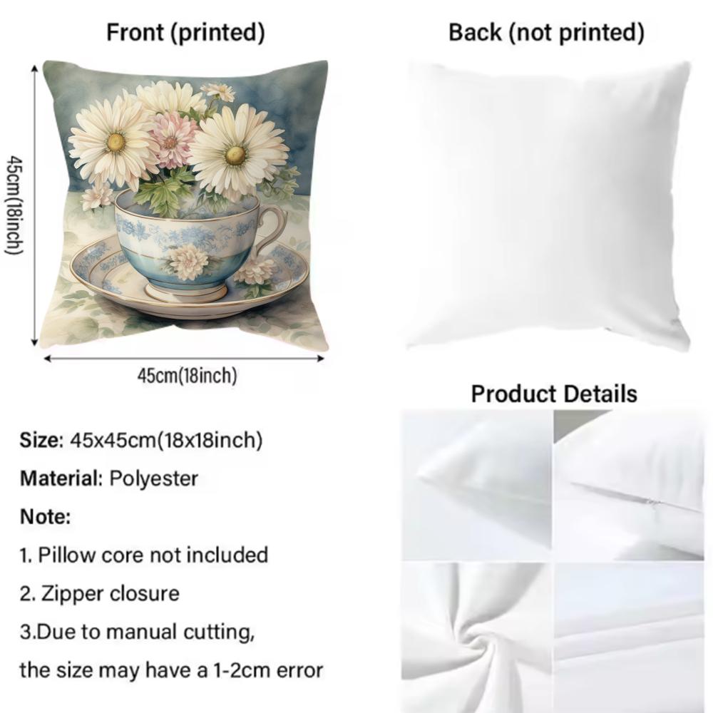 Painting Cup of Flowers Cushion Cover Premium Comfort Reversible Pillow Cover - Dual - Use Design for Home & Car