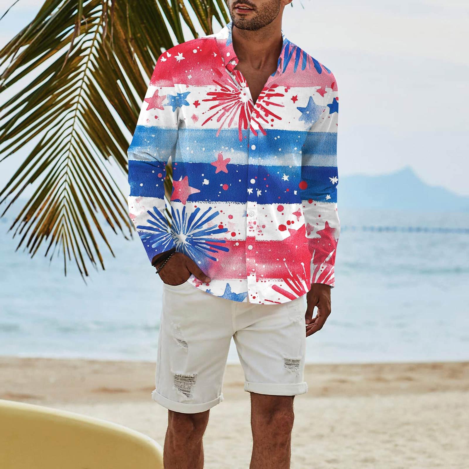 

Мужская модная повседневная футболка с длинным рукавом и принтом «День независимости» на пуговицах, рубашка обычного кроя XXL розовый