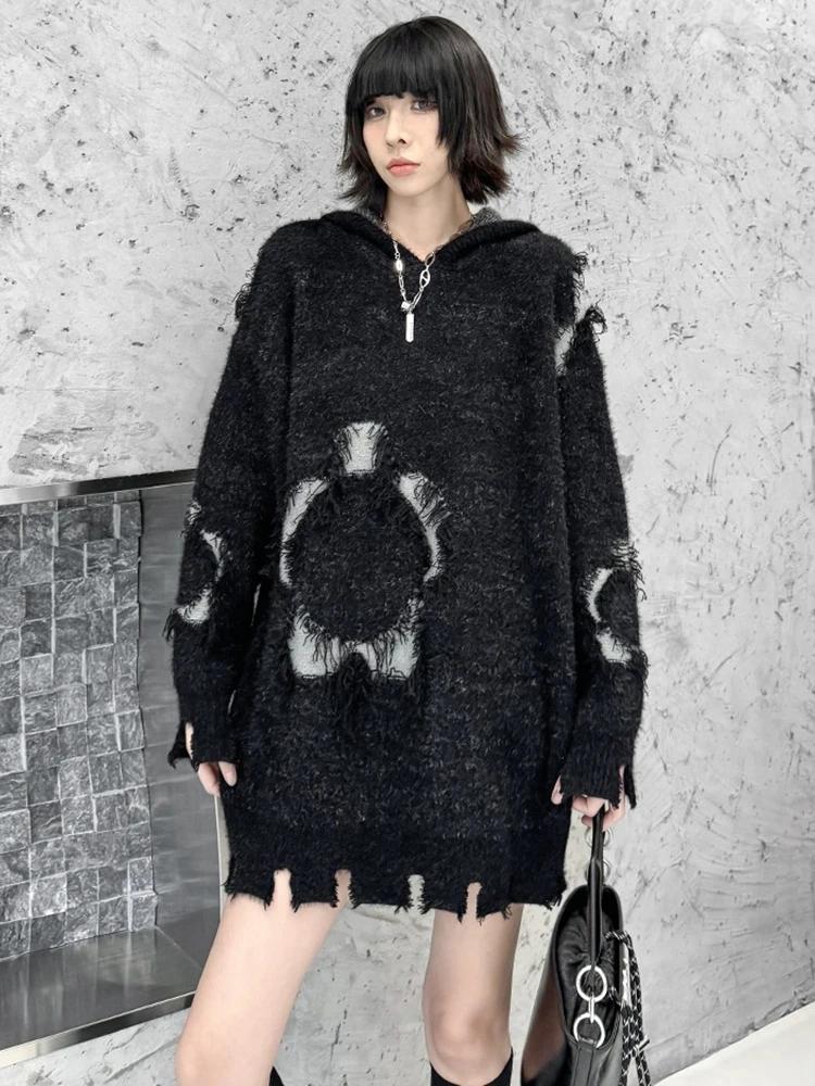 Xitao Pulover de tricotat cu mâneci întregi, cu glugă, de culoare uni GMM1119