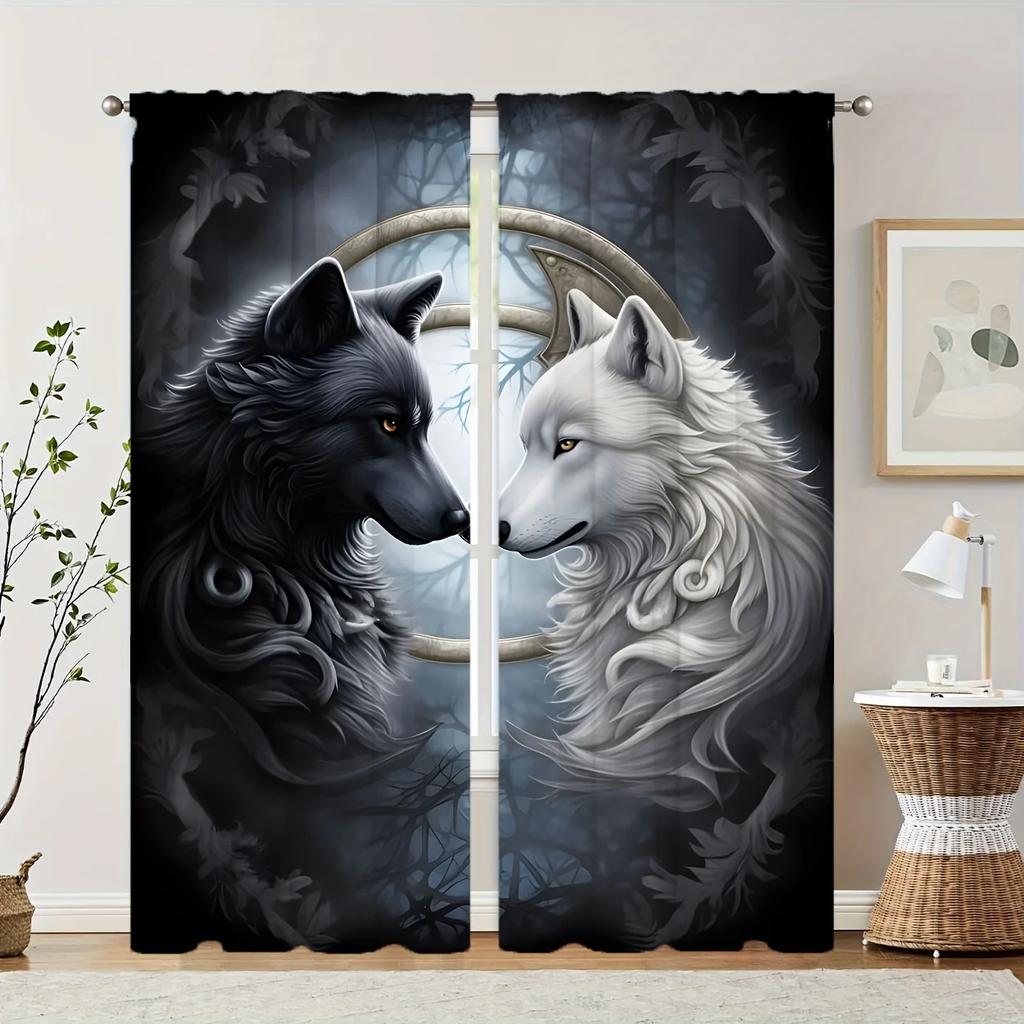 Two wolves with black and white patterns Print Drapes Room Darkening Window Curtains for Home Decor,Rod Pocket Blackout Curtains