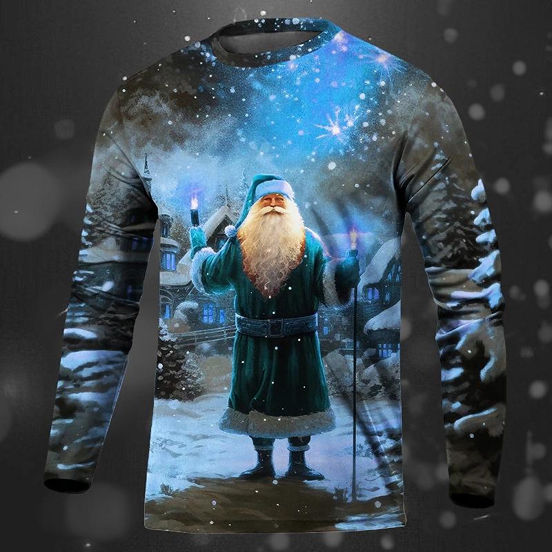 Merry Christmas 3D Print Rock Santa Claus Graphic Men's Long Sleeve T Shirt New In Crew Neck Oversized Tee Shirt Tops Streetwear