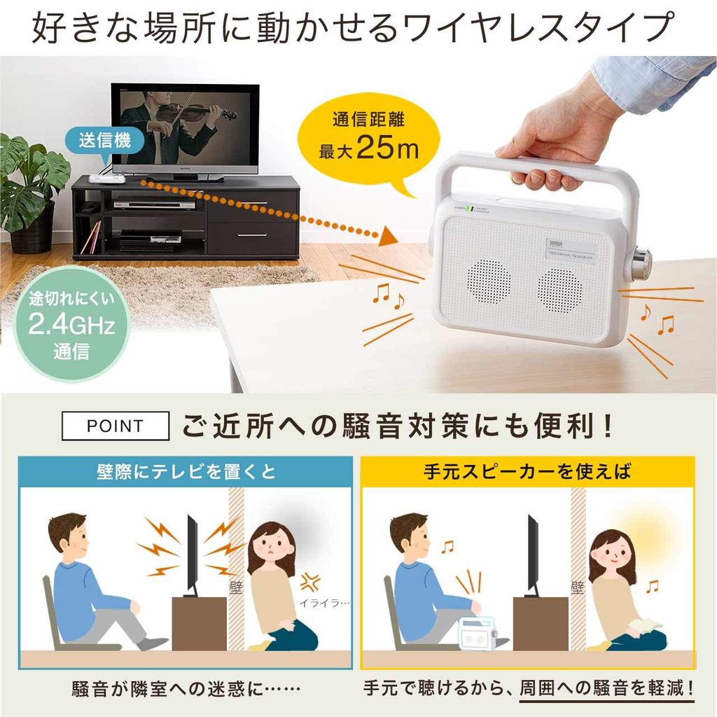 Sanwa Direct Wireless Handheld Speaker for Easy Setup and Up to 25m TVs, Operation, Rechargeable, Range, 400-SP064W