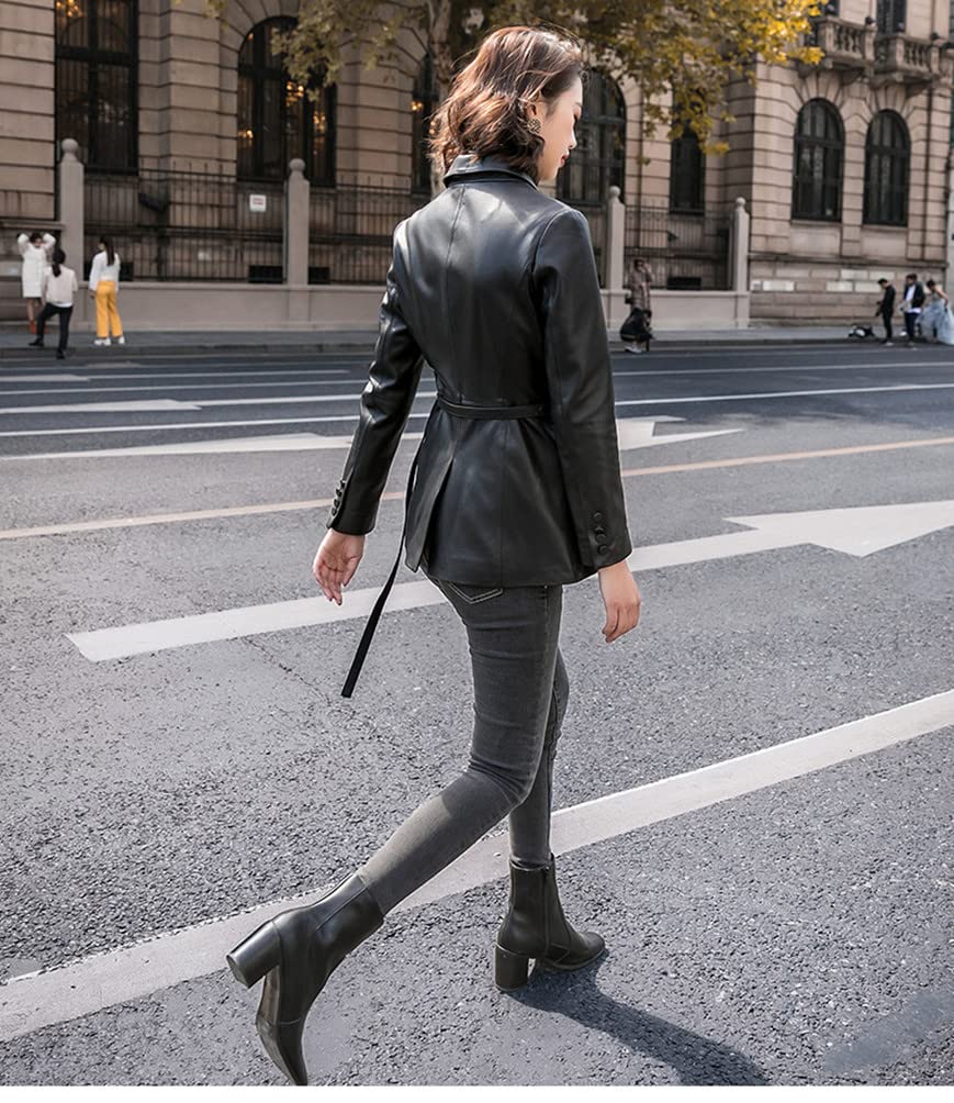 JINLUN Genuine Sheepskin and Lambskin Leather Winter Women's Jacket, Tailored, Spring, Autumn, (XL, Black)