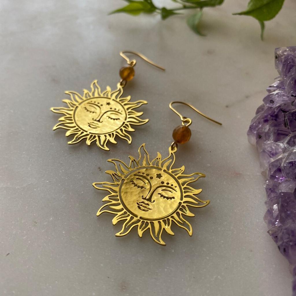 Bohemian Gold Sun Earrings With Gemstone Design For Women Summer