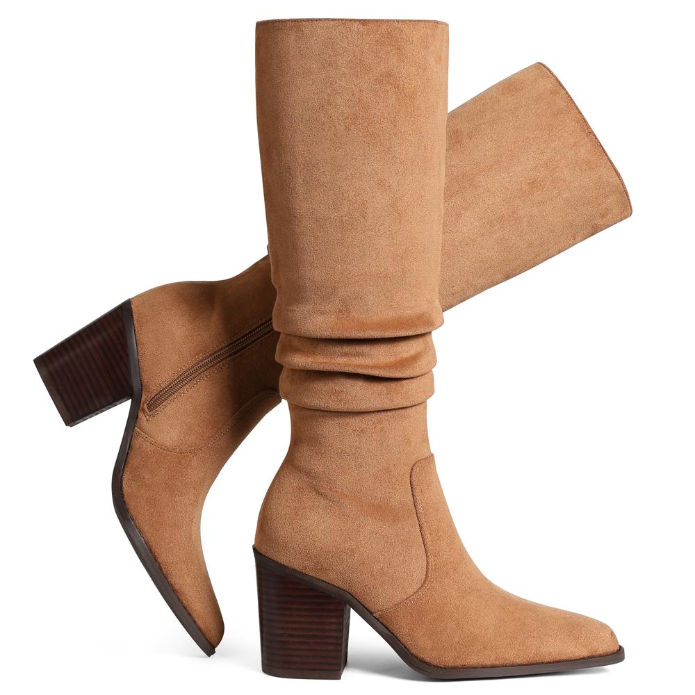 

Elegant Women Knee High top Faux Flock Pointed Toe Chunky Heeled Pleated Side Zipper Comfort Daily Long Booties For 39