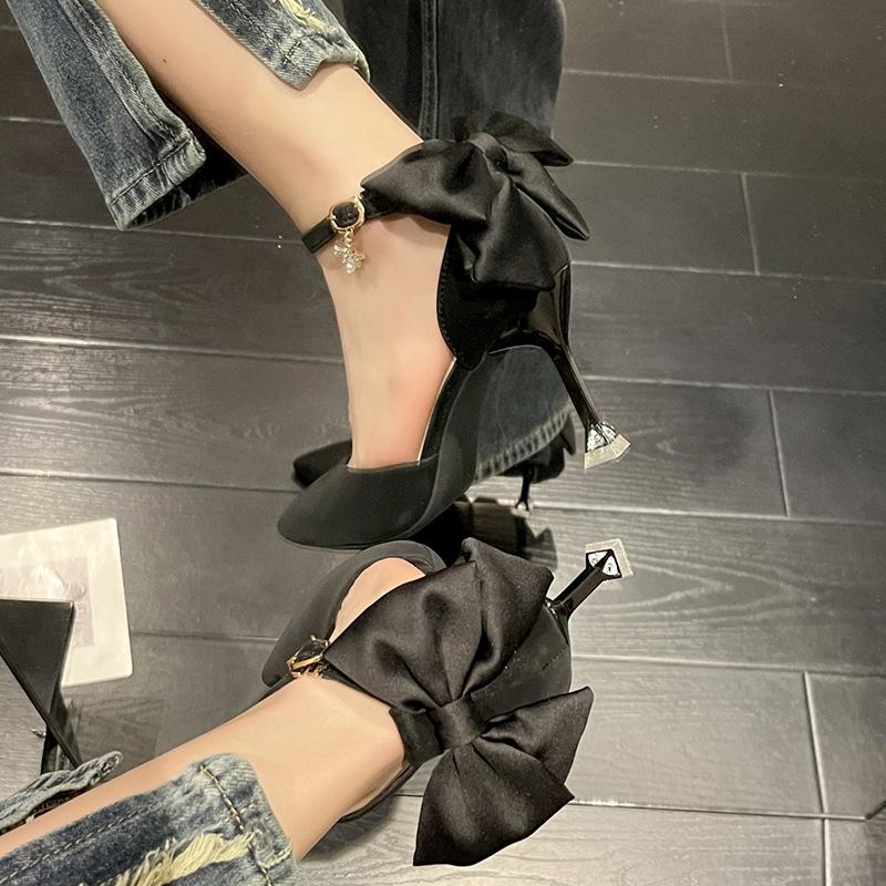 High Heels Women's Spring New Bow Thin Heel Cut Men's One-word Buckle Single Shoes Fairy Style French Pointed Head
