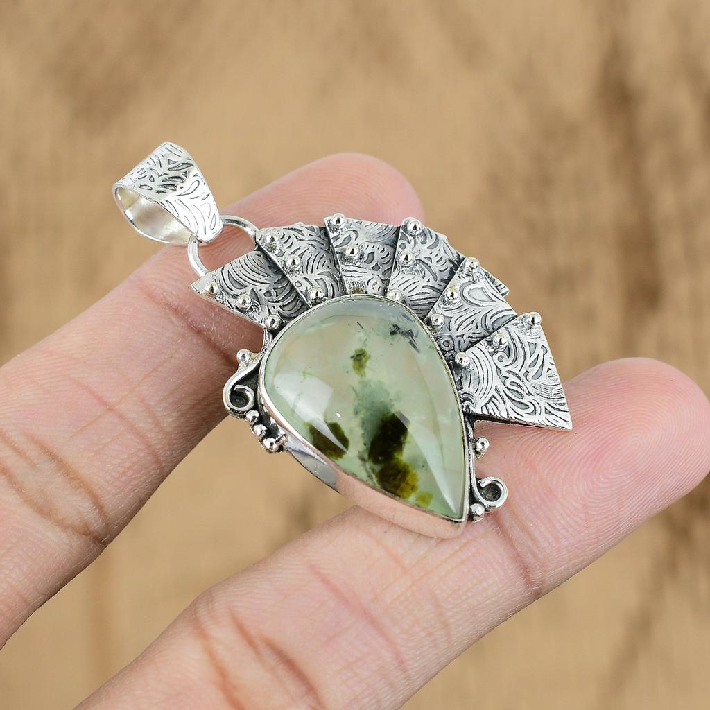 Gift For Her 925 Sterling Silver Natural Moss Prehnite Gemstone Jewelry Pendant