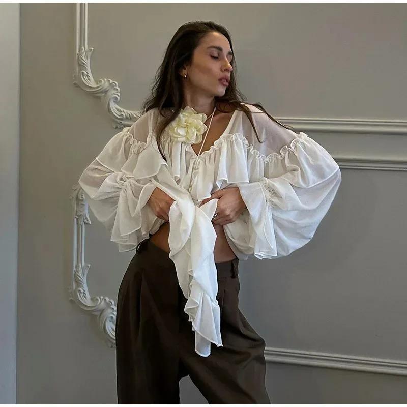 Sexy See Through V Neck Long Sleeve Beach Party Shirt Women's Low Cut Shirt Ruffle Solid Color